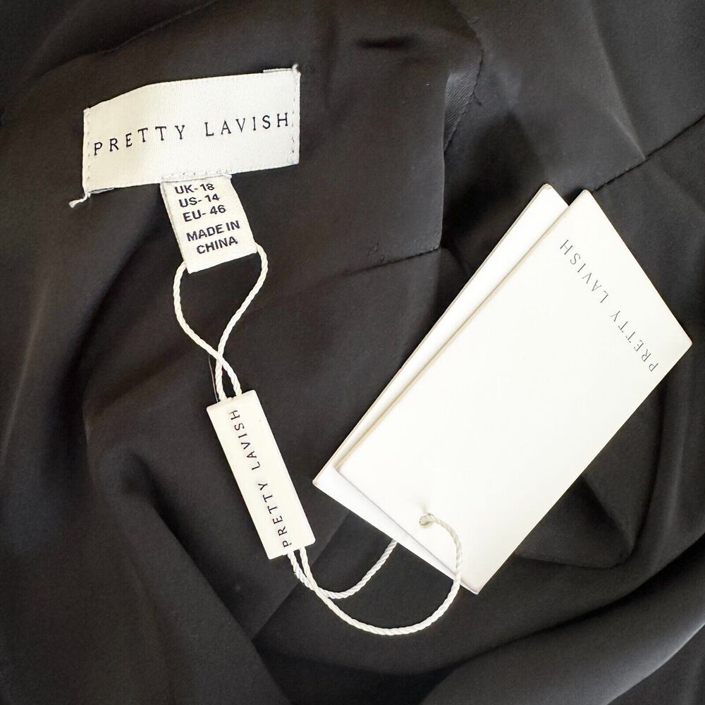 PRETTY LAVISH Dress Women 16 Curve Black Satin Empire High Neck Split Midi NWT - Picture 5 of 12